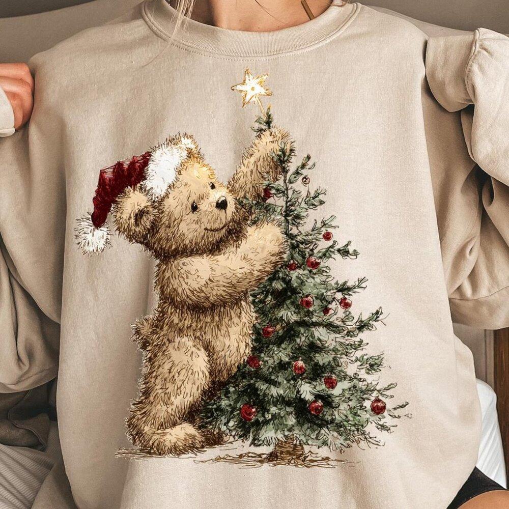 Cute Retro Christmas Tree And Bear Sweatshirt For Cozy Winter Holiday Gift 05